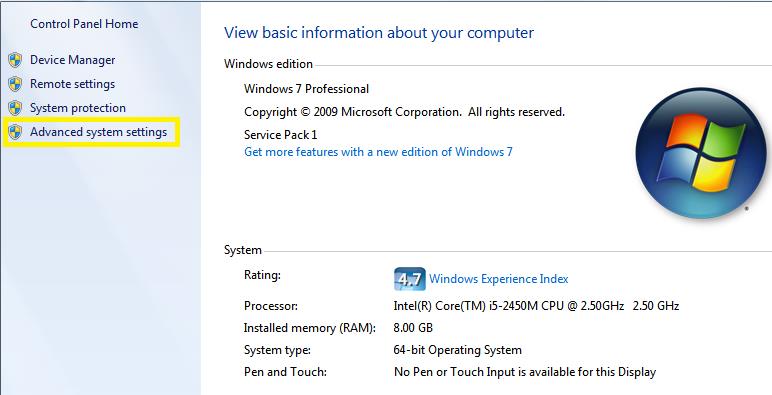 Windows Properties for Advanced system settings